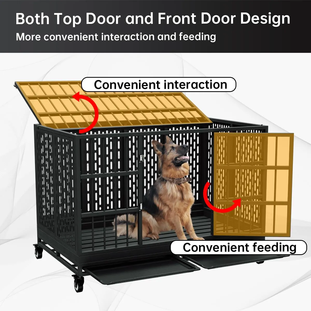 48 Inch Heavy Duty Dog Crate with Wheels, Folding Metal Big Dog Cage for Large and Medium Dogs, Extra Large XL XXL Indestructible Dog Crate with Removable Tray.