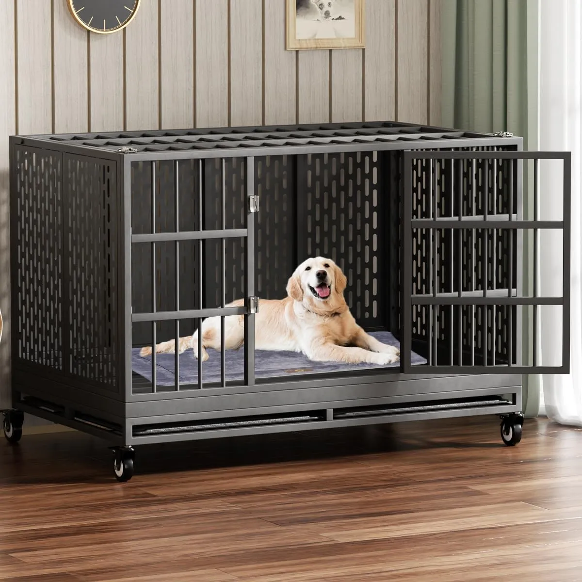 48 Inch Heavy Duty Dog Crate with Wheels, Folding Metal Big Dog Cage for Large and Medium Dogs, Extra Large XL XXL Indestructible Dog Crate with Removable Tray.