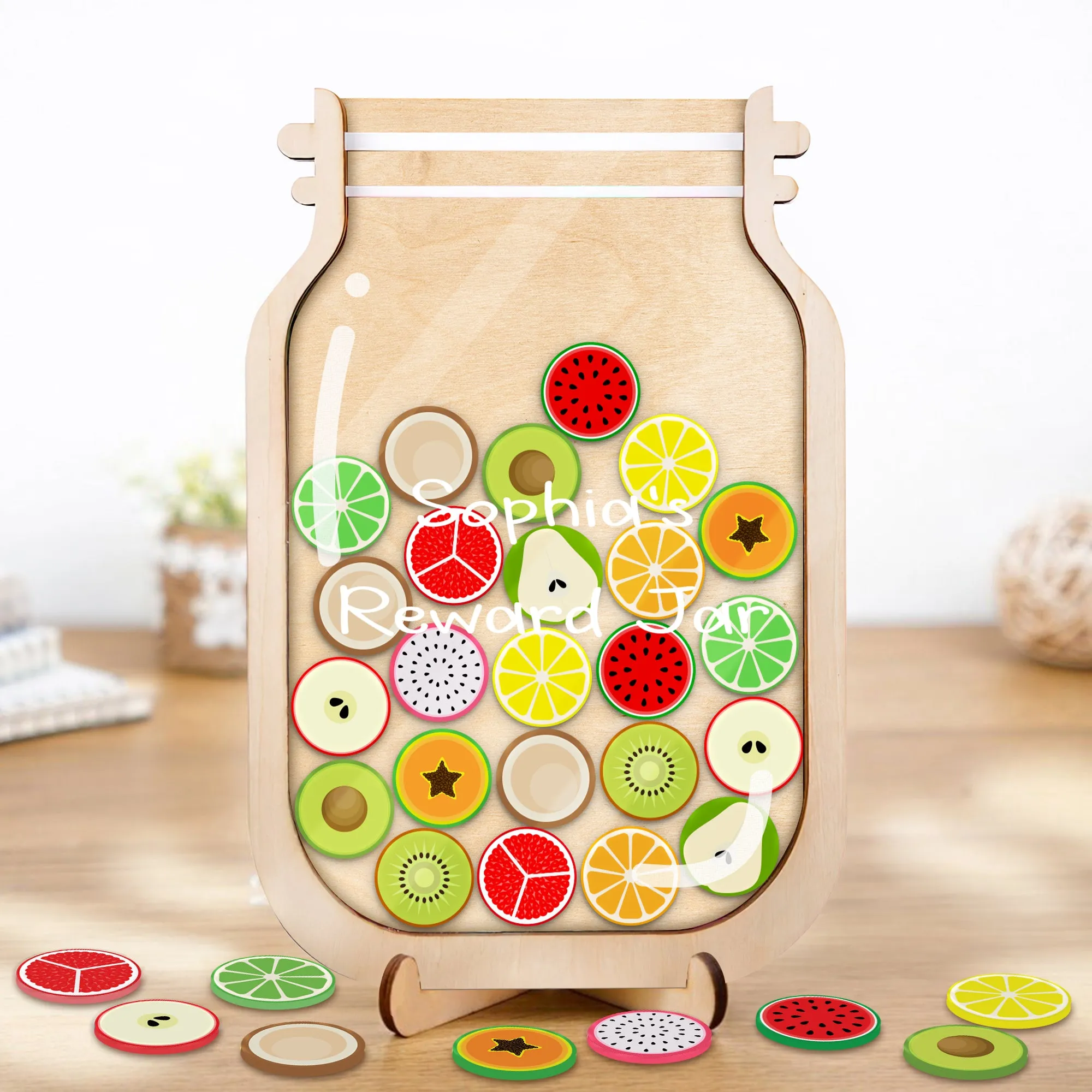 Personalized Fruit Reward Jar, Custom Reward Jar with Tokens, Classroom Teacher Star Jar Chore Chart. Gifts for Kids, Fridge Wood and Acrylic Printed Personalized Name PY13