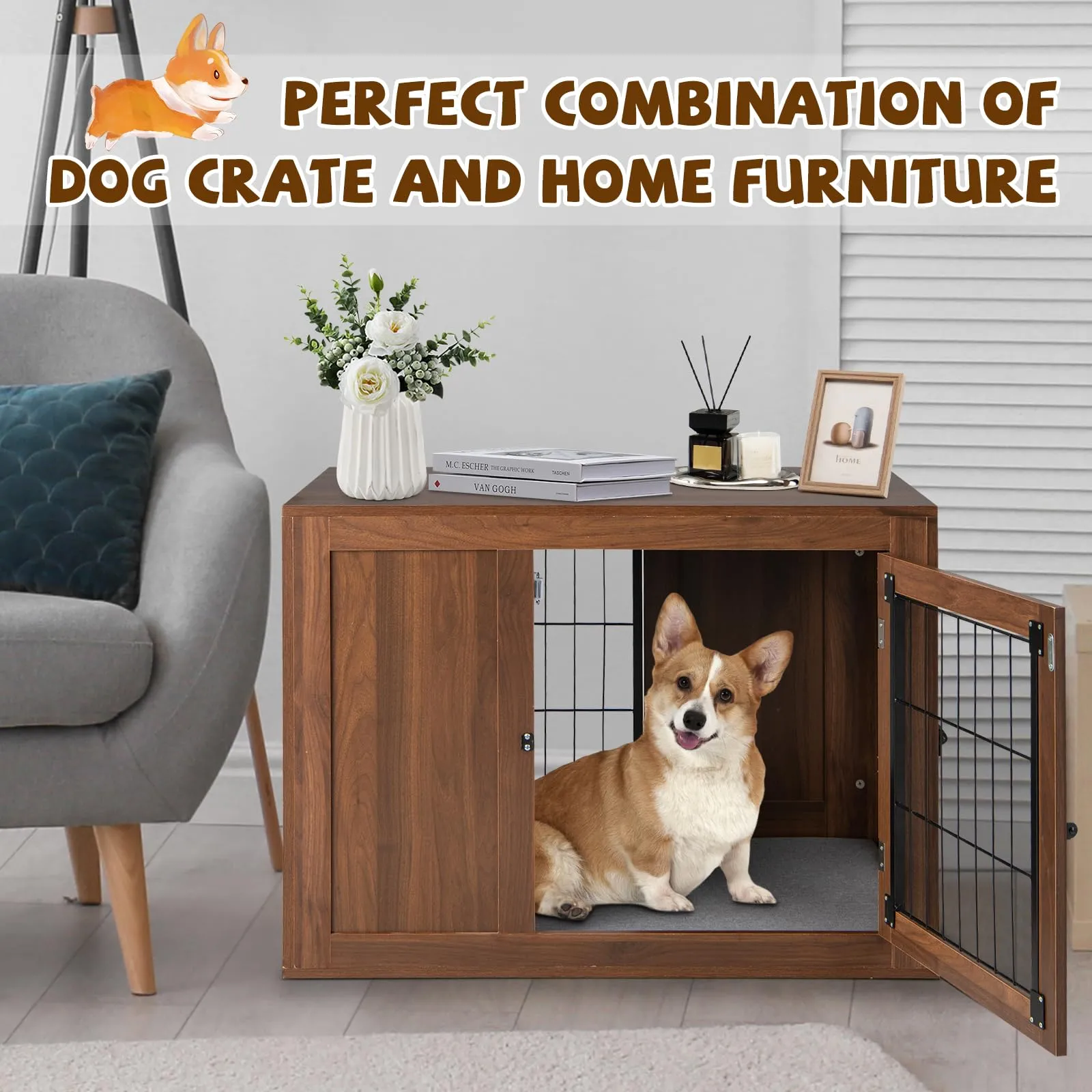 Tangkula Dog Crate Furniture, Pet Crate End Table with Cushion