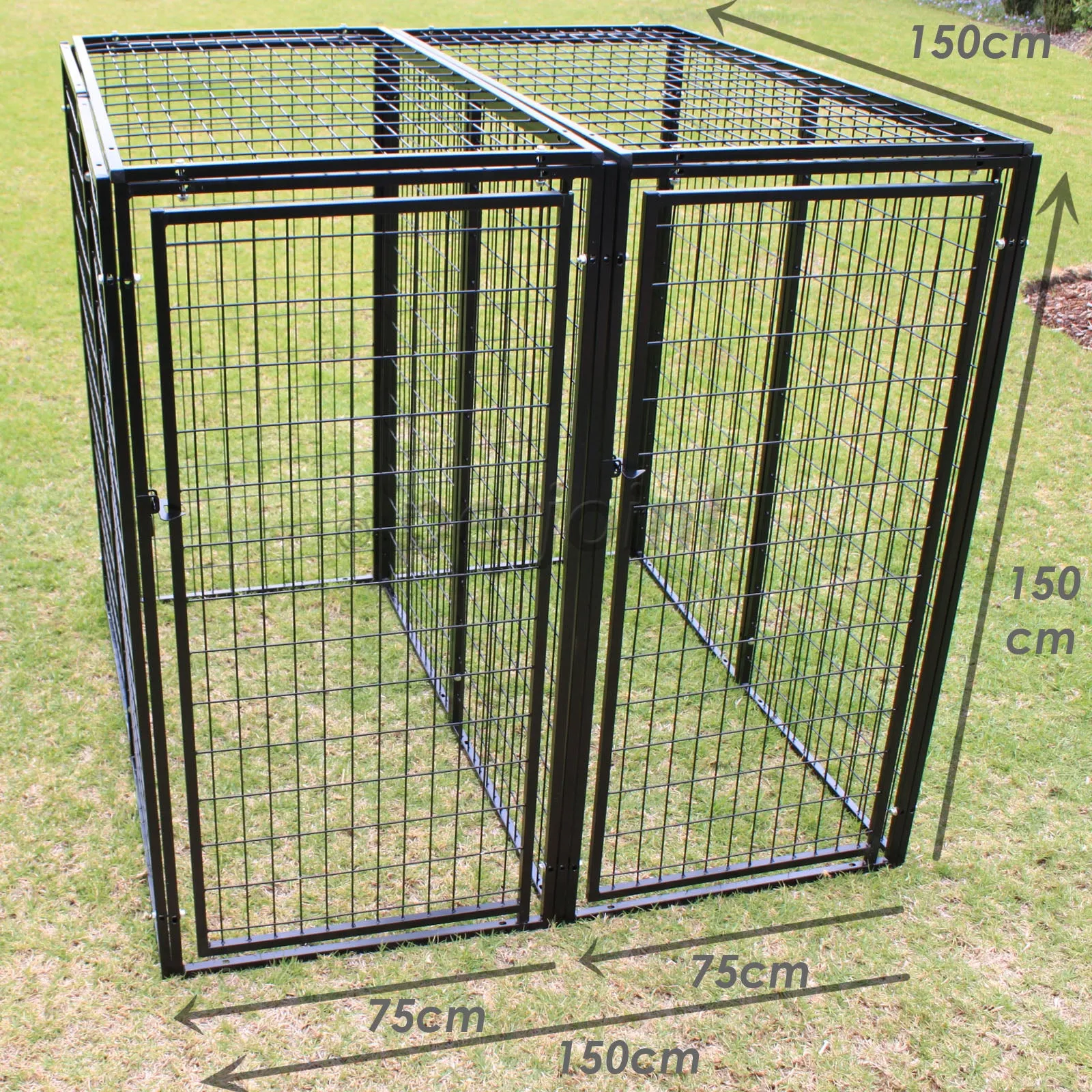 Two Dog Kennel Enclosure with Divider and 2 Gates Heavyduty Steel